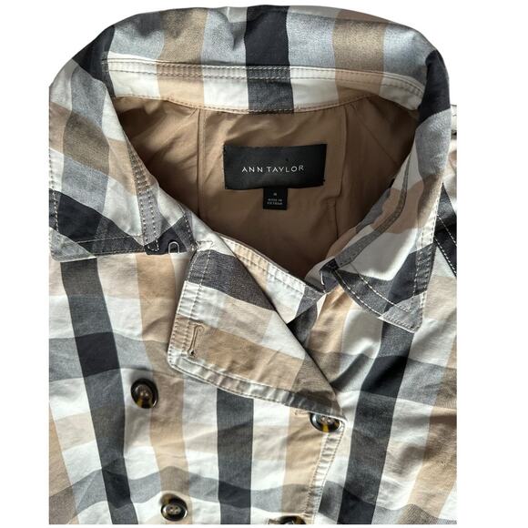 Ann Taylor Medium Weekend Collection tan black cream Plaid Short Trench Coat - Picture 10 of 11